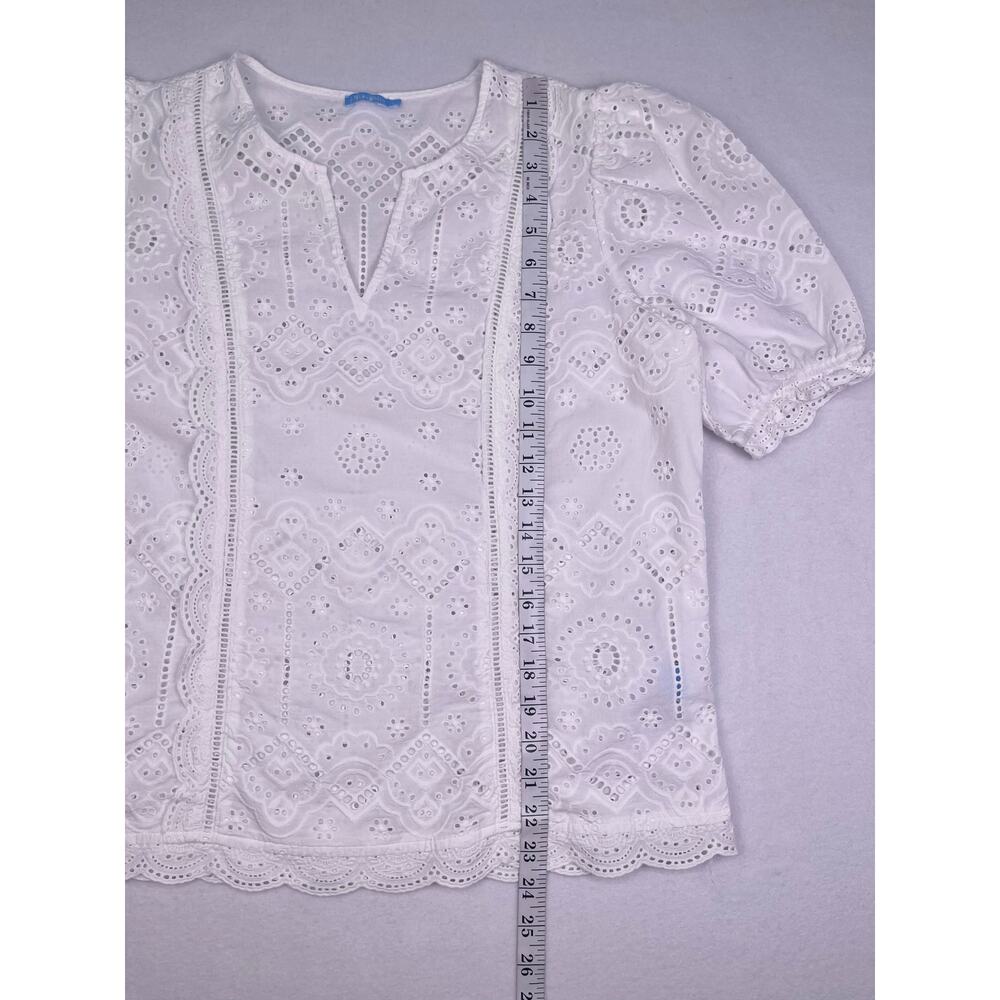J. McLaughlin Jonie White Eyelet Cotton Blouse Split Neck Puff Sleeve Size L - Picture 9 of 10